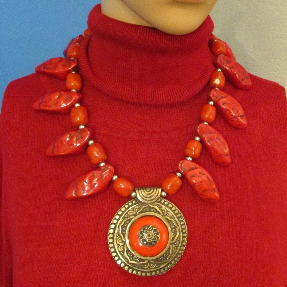 BOHO TRIBAL Bold Burnt Orange Necklace ~  Howlite Gemstone  Silver Bead Necklace